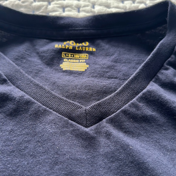 Men’s Large Dark Blue Ralph Lauren Polo Cotton V Neck Short Sleeve Tee-Shirt - Picture 2 of 5